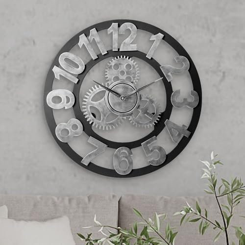LW Collection Wanduhr Levi Grau 40cm mit Zahnrädern - Radar Wanduhr - Wanduhr mit Wandrädern - Uhr mit Zahnrädern - Stille Uhr