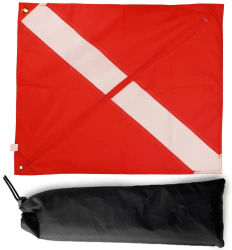 Boat Diver Down Dive Flag - 20 x 24 legal size flag with collapsible stiffening pole, reinforced grommets and carry bag for scuba diving, spearfishing, snorkeling, freediving and boating