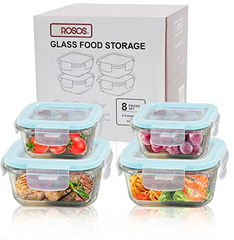 ROSOS Glass Food Storage Containers with Airtight Lids, 100% Leak Proof Glass Containers with Lids, Not Easy Broken & BPA Free, Glass Food Containers with Lids for Freezer to Oven Safe, 4 Pack, Blue