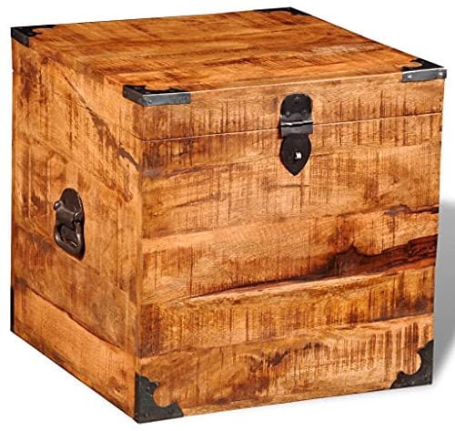 Quadratisch Aufbewahrungstruhe Truhe Holztruhe mit Metallbeschlägen, Antikoptik, Kolonialstil Holzbox Nostalgie-Dekoration, Raues Mangoholz 46 x 46 x 46 cm