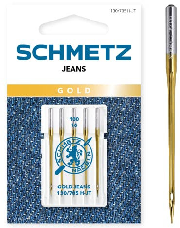SCHMETZ | 5 Nähmaschinennadeln | Gold Jeans | 130/705 H-JT | Nadeldicke 100/16 | Geeignet für das Vernähen von Jeans und ähnlichen Stoffen | auf jeder gängigen Haushaltsnähmaschine einsetzbar