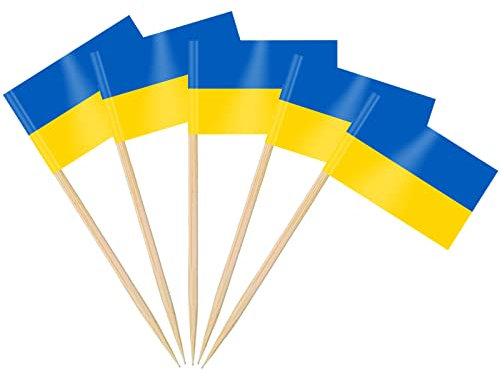 AhfuLife Palillos con Banderas de Ucrania, 200 Piezas Banderas de Palillos de Dientes de Ucrania para Decoraciones de Eurocopa, Cóctel, Sándwiches, Pastelería, Pastel, Frutas, Fiesta, Cupcakes
