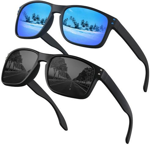OJIRRU Lunettes de soleil homme polarisées Lunette de soleil rectangulaires Lunettes soleil sport classiques conduite peche pour homme femme Protection UV400 (Noir/Bleu(2 Paires))