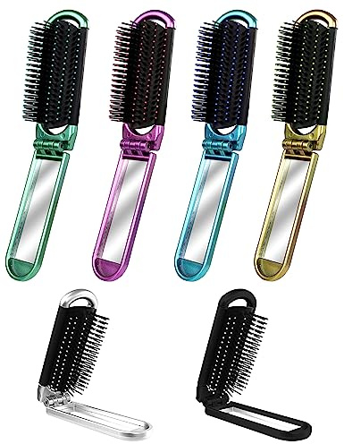 6 PCS Folding Travel Hairbrush Set with Compact Mirror for Women - Mini Pocket Brush with Mirror for Purse and Girls