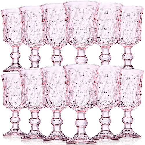 Roshtia Set di 12 calici da vino rosa, bicchieri da vino rosa, calici per acqua potabile da 7 once bicchieri vintage bicchieri da vino in rilievo calici tinta unita per feste di nozze ristorante