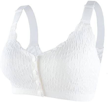 HOOUDO Womens Front Fastening Bras Wide Straps Post Surgery Sleep Bras Push Up Wire Free Bralette Comfort Soft Crop Tank Top for The Elderly White