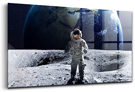 Wallfluent 100x50 cm Wanddekoration Glasbild Wohnzimmerdekoration Glas Küche - Astronaut auf dem Mond