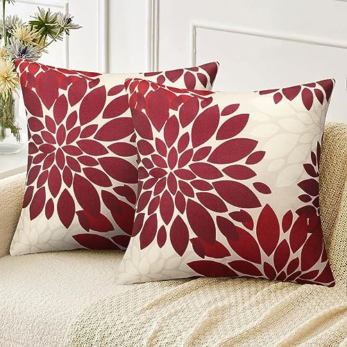 Velvhom Sofakissen Kissebezüge 40x40 cm Rot Weiss Kissenbezug Leinen Abstrakt Dahlie Blume Outdoor Kissen für Wohnzimmer Schlafzimmer Garten Sofa Couch Kissen Deko 2er Set