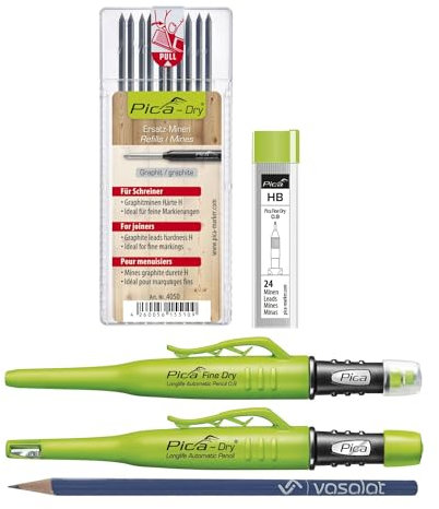 Vasalat Lot de 10 marqueurs Pica Fine Dry 0.9 + Pica Dry + 10 mines de rechange graphite Dureté H + 24 mines de rechange graphite HB