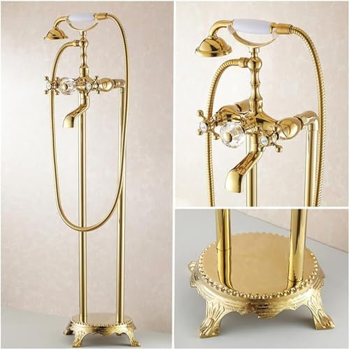 JQFDD Robinet de Baignoire sur Pied d'or Rétro Mitigeur de Baignoire Au Sol Laiton Mitigeur de Douche Ilot Autoportante avec Douchette, Double Poignée Robinet de Douche,Crystal Style