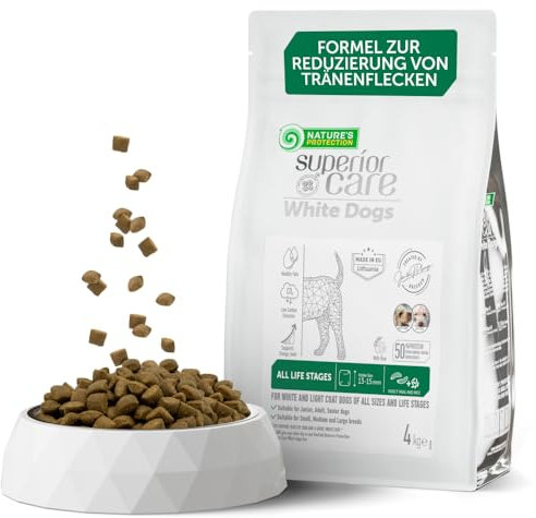 Nature's Protection Superior Care, cibo per cani asciutto con insetti e riso, cibo ipoallergenico per cani bianchi di tutte le fasi della vita e razze – pelle, pelliccia e macchie lacrimali (4 kg)