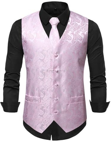 KBOPLEMQ Gilet de costume pour homme Paisley Cravate Mouchoir Jacquard Gilet de costume pour homme Gilet de smoking pour homme Gilet jacquard floral & cravate et gilet carré de poche, Rose, M