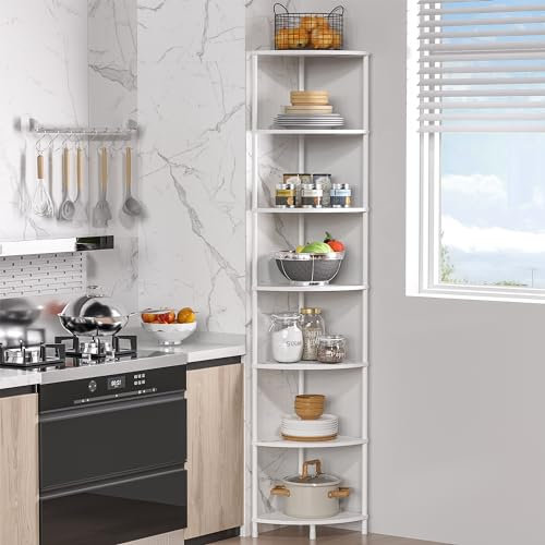 Greatseas 7 Tier Corner Shelf Stand Kitchen Organizer with Metal Frame for Organization & Storage Corner Shelves Kitchen Decor Accessories Marble White 64.7