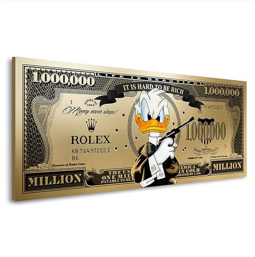 Kunstgestalten24 Donald Duck Bond Dollar Gold Style Pop Art Leinwandbild | Kunstdruck | Wanddeko | Street Art | Gemälde | Comic Bilder | Wandbild Leinwand Modern 175x70x4cm