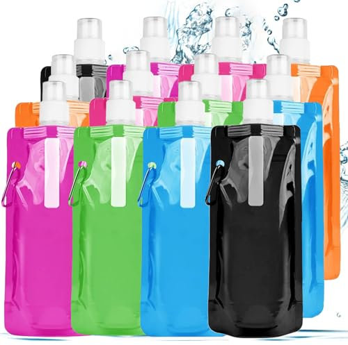 Sunshine smile 12 Stück Faltbare Trinkflasche,Wiederverwendbare Wasserflasche,500ML Faltbare Trinkflasche Set,Tragbarer Zusammenklappbare Wassersack,Faltbare Flexible Wasserflasche für Unisex Adult