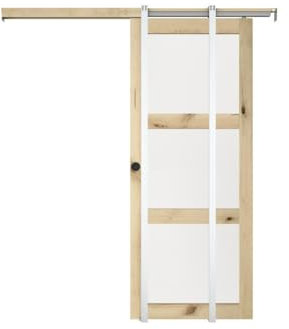 Vente-unique-Puerta corredera Doble empotrada con 3 Ventanas - Alt. 205 x Ancho 73 cm - Madera Natural - Cristal Templado Esmerilado - Acosta II