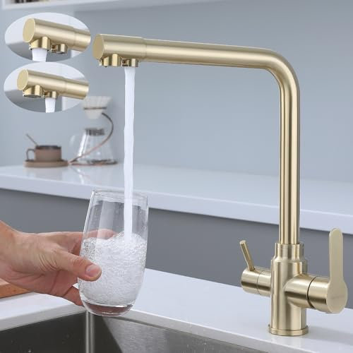 SkyPanda 3 Wege Küchenarmatur, Gold Trinkwasser Küchenarmatur mit Doppelhebel, Durchdringung 3-in-1, 360° drehbarer Mischer, mit 2-Ausgängen, 304 Edelstahl, Gold gebürstet