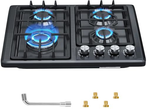 Plaque de cuisson à gaz 60 cm, plaque de cuisson à gaz intégrée en acier inoxydable 4 brûleurs avec kit de conversion NG/GPL, plaque de cuisson à gaz intégrée, protection thermocouple et facile à