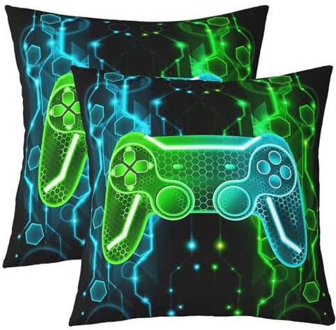 Homemissing Kinder Spieler Kissenbezüge 45x45cm Spiel Controller Kissenhülle für Jungs Gaming Geschenke 2er Set Kissenbezüge Kissenbezug Gamepad Muster Grün Teal Blau Dekokissen