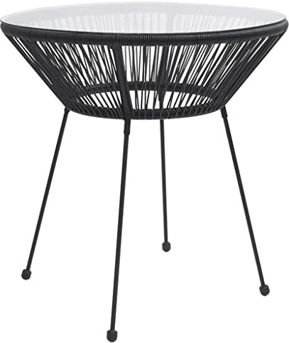 SDWEHO7 Garden Tisch Ø70x74 cm PE Rattan Gartentisch Beistelltisch Bistrotisch mit Glasplatte und Stahlgestell, Seitentisch für Balkon Terrasse, Schwarz