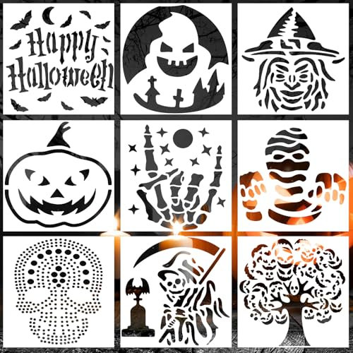 9pcs Halloween Stencils - Reusable Carving Stencils: Skeleton, Skull, Reaper, Ghost Painting Templates for Wood, Wall Art, Fabric, Furniture