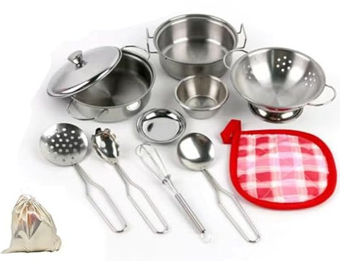 ZPZGOG 11PCS Küche Lebensmittel Kochen Zubehör,Edelstahl Pretend Kochutensilien Kochgeschirr Set Spielzeug Montessori Küche,Topf Sets für Kinder,Kleinkind Töpfe und Pfannen Spielzeug für Kind