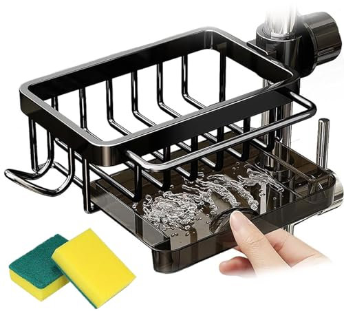 Kitchen Sink Faucet Organizer, Sink Organizer Rack for Kitchen and Bathroom, Sponge Holder for Kitchen Sink with Drain Tray, Dish Sponge Holder for 0.7-1.1inch Round Water Pipe (Left Black)