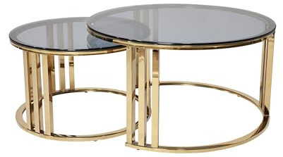 Q & P Furniture Round Nesting Coffee Table Set – Elegant Modern Design with Gold Finish & Glass Top, Set of 2 for Living Room or Office