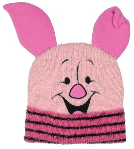 Disney Winnie Puuh Beanie Ferkel besticktes Gesicht und 3D-Filz-Ohren für Erwachsene, flauschiges Garn mit Bündchen