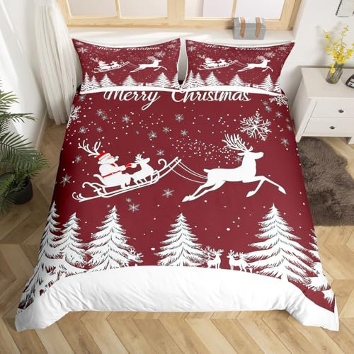 Homewish Merry Christmas Duvet Cover Set White Christmas Tree Comforter Cover,Santa Claus Bedding Sets Double,Xmas Snowflake Elk Deer Bed Set Chocolate Christmas Decorations