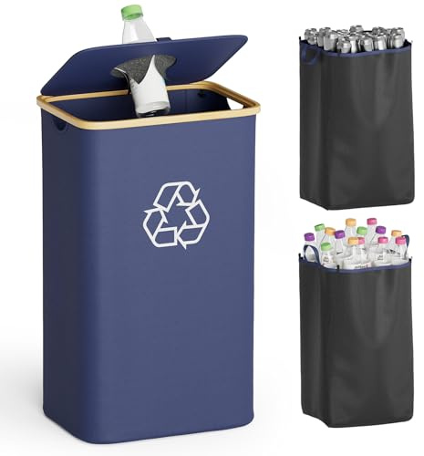 SpaceAid Recycling Bin for Kitchen 26 Gallon, 100L Recycle Bin with Lid and 2 Reusable Inner Bags, for Bottle Can Glass Plastic Stickers, Blue