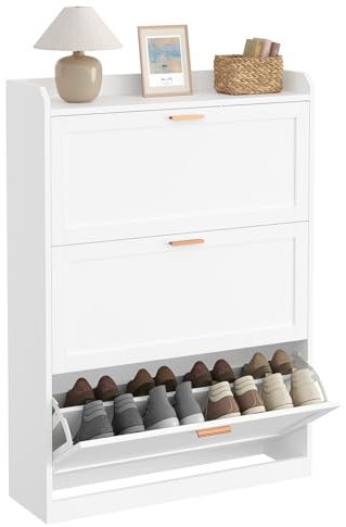 KIMENICH Schuhschrank mit 3 Klappen, Schuhkipper Schmal, Trennwand Verstellbar, für 16-24 Paar Schuhe, Flur, Portale, 24 x 80 x 121 cm, Weiß