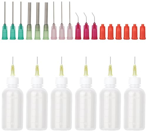 6 Pcs Nadelflasche 50ml Nadelflasche Applikator Quetschflasche mit Nadeln | mit 12 Dispensing Feine Nadeln und 6 Kappen,Applikator Flasche Set für DIY Handwerk,Strass,Farbe, Klebstoffe,Öl,Tinte,Leim