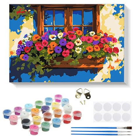 RICUVED Fleur Peinture par Numéros Adulte,Paysage Peinture par Numéros Kits avec Cadre en Bois Toile Huile Peinture la Main avec Pinceaux Kits Adultes Artisanat pour la Maison 20x30cm