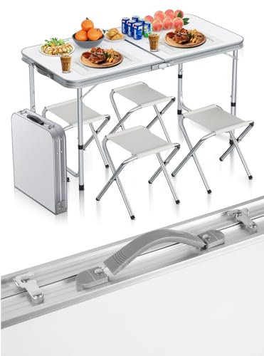 MalTec Campingtisch Klapptisch im Koffer 120x60x70/60/54 4 Stühle Aluminium 3 Stufen Höhenverstellung Weiss