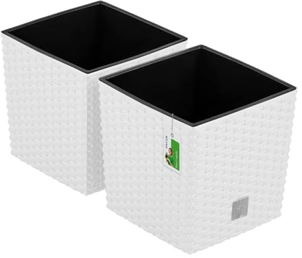 PAFEN 2X Blumentopf Blumenkübel Rattan-Optik 6,8 Liter - 20 x 20cm - Pflanzkübel mit Einsatz, Übertopf für Garten, Balkon & Innenbereich, wetterfest, Kunststoff, Weiß