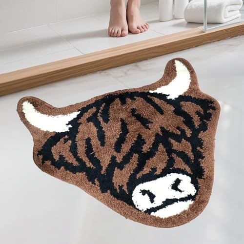 Prozebii Niedliche Highland Cow Badematte, Schottische Langhorn-Rinder Kuscheliges Badezimmer Schlafzimmer Toilette Anti-Rutsch Duschmatte Farmhaus Ästhetik Fußmatte Waschbar 70 x 65cm
