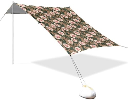 Tente de plage portable pour camping, abris solaires UPF 50+ protection UV, fond en grain de bois, motif rose