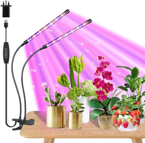 Black LED Plant Grow Light: Full-Spectrum, 2-Head with Clips. Features Automatic on/Off Timer (6/12/16h), 3 Spectral Modes, 10-Level dimming. Flexible swan Neck Design, Ideal for Indoor Plant Growth.
