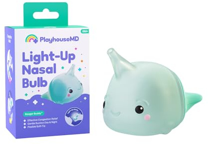 Playhouse MD Booger Buddy Nasal Aspirator Bulb, Narwhal - with LED Light for Babies & Toddlers – BPA-Free Snot Remover for Infant Stuffy Nose and Congestion Relief – Easy to Clean Design