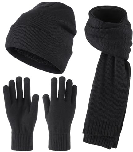 Magracy Winter Beanie Mütze Schal Handschuhe Set für Herren 3 Stück Thermo Warm Strickmütze Lange Schal Touchscreen Handschuhe Outdoor, Schwarz , Einheitsgröße
