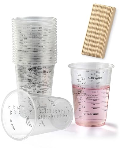 20pcs 8oz Graduated Clear Plastic Measuring Mixing Cups with 20pcs Wooden Stirring Sticks for Mixing Paint, Pigments, Epoxy Resins