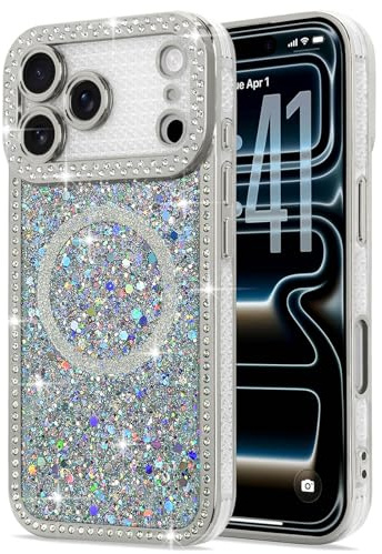 Lafunda Magnetic for iPhone 17 Pro Max Case Glitter Bling Luxury, Silver | Sparkly Rhinestone Diamonds Case, Compatible with MagSafe, for Women Girls Soft TPU Slim Shockproof Protective Phone Cover