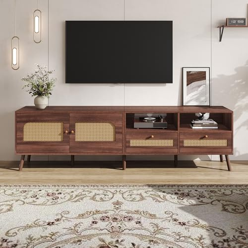 FammyLoft 90 inch TV Stand Cabient with 2 Drawers and 2 Doors, TV Cabinet Sideboard with Rattan Design, TV Console, TV Entertainment Center for Living Room, Bedroom, 200 * 37 * 49.5cm, Dark Wood