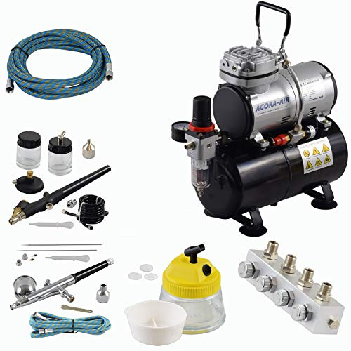 Agora-Tec® Airbrush Set PROFI XIV.1 mit Kompressor 4 bar/20 l/min, 3L Tank + 2 Pistolen inkl. Nadeln/Düsen 0,2/0,3/0,5/0,8 mm + regelbarer 4-fach Luftdruckverteiler + Clean Pot + 2 Schläuche + Adapter