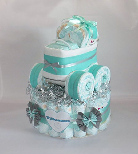 Windeltorte mit Windelkinderwagen mint | Windelgeschenk neutral | Geschenk zur Geburt