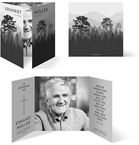 Sterbebild (10 Stück) Totenzettel Trauerkarten Individuell Personalisiert - stiller Wald in Schwarz und Weiß