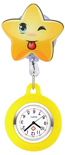 JSDDE Uhren Krankenschwester FOB Uhr Pulsuhr Nurse Watch Kitteluhr Silikon Cartoon Stern Taschenuhr Schwesternuhr Gelb