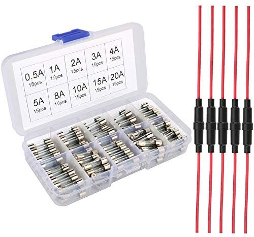 Gebildet 5pcs 5x20mm AGC Inlineaa Vite Tipo Portafusibile con 16 AWG Cavetto + 150pcs 5x20mm Fast-Soffiare il Vetro Fusibili Assortiti Kit (0.5A 1A 2A 3A 4A 5A 8A 10A 15A 20A)