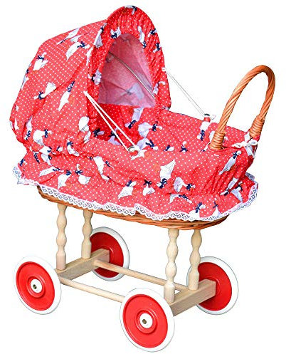 FORYOURPROTECTION Puppenwagen aus Weide Holz Weidenwagen Kinderwagen Weidenpuppenwagen Verschieden Motive (ROT | mit Gänschen)